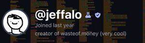 Image of Jeffalo’s profile, showing the beaker symbol next to the username